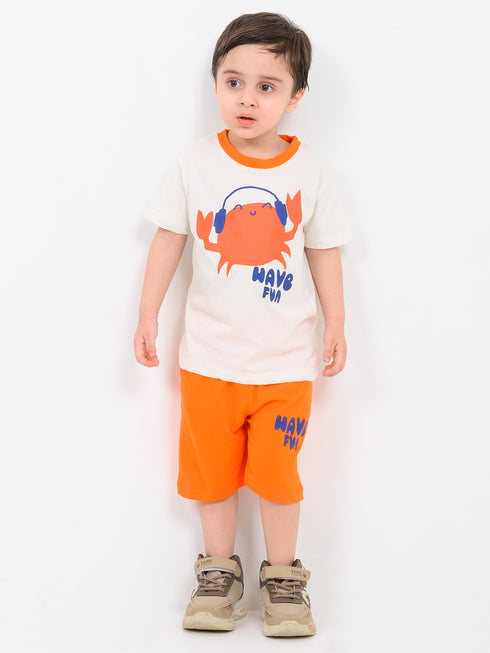 Crab Having Fun Cotton Short Set (White & Orange)