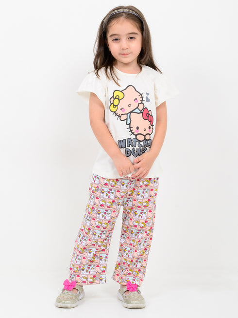 Frill Sleeves Watcha Doin Cotton Trouser Set (Vanilla Pop & Pinks)