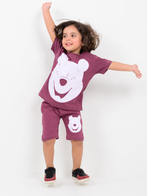 Oversized Winnie The Pooh Cotton Short Set (Maroon)