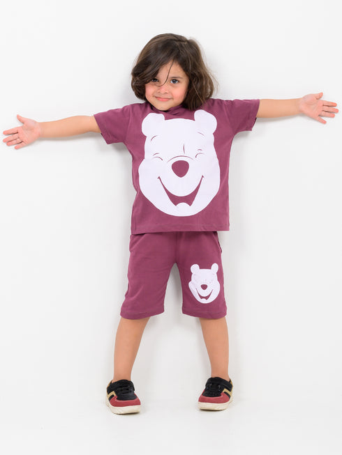 Oversized Winnie The Pooh Cotton Short Set (Maroon)