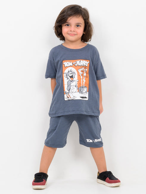 Oversized Tom & Jerry Fun Time Cotton Short Set (Charcoal Grey)