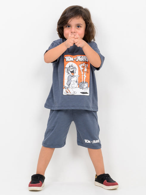 Oversized Tom & Jerry Fun Time Cotton Short Set (Charcoal Grey)