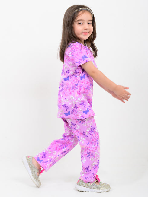 Frill Sleeves Butterfly Bliss Cotton Trouser Set (Petalwing Purple)