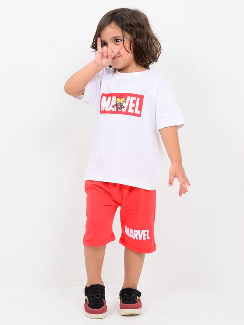 Oversized Marvel Themed Cotton Short Set (White & Red)