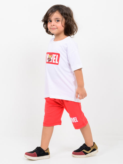 Oversized Marvel Themed Cotton Short Set (White & Red)