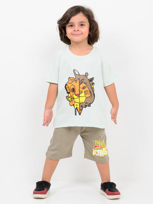 Oversized Lion King Themed Cotton Short Set (Mint & Khaki)