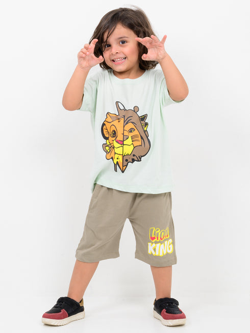 Oversized Lion King Themed Cotton Short Set (Mint & Khaki)