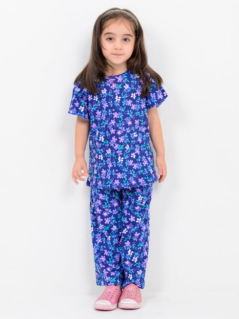 Frill Sleeves Floral Galaxy Cotton Trouser Set (Navy Floral)