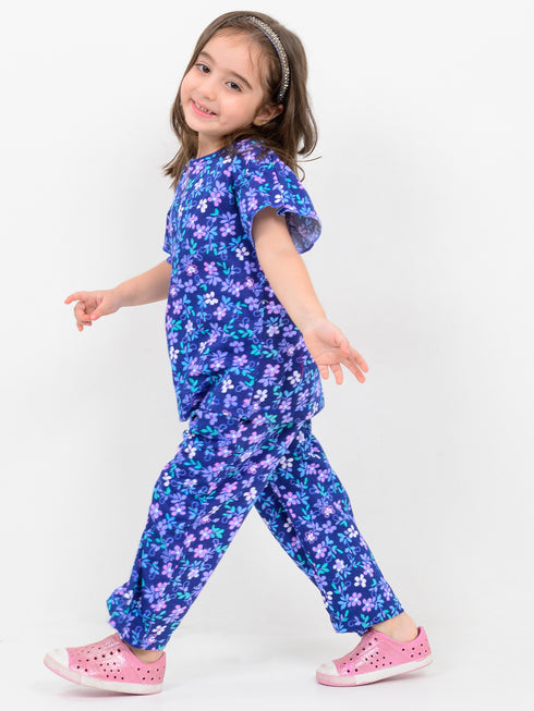 Frill Sleeves Floral Galaxy Cotton Trouser Set (Navy Floral)