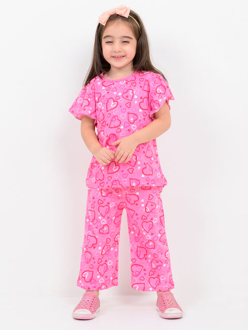 Frill Sleeves Pinktastic Hearts Themed Cotton Trouser Set (Pink)