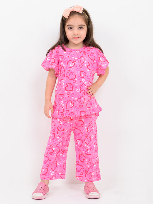 Frill Sleeves Pinktastic Hearts Themed Cotton Trouser Set (Pink)