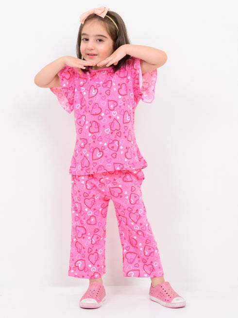 Frill Sleeves Pinktastic Hearts Themed Cotton Trouser Set (Pink)
