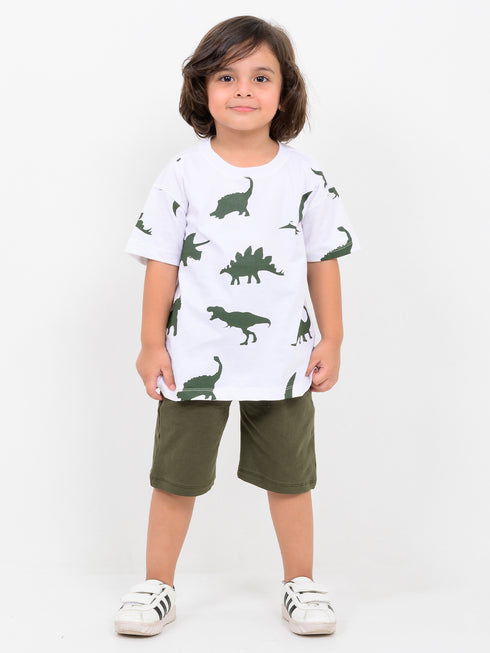 Oversized Jurassic Vibes Cotton Short Set (White & Olive)