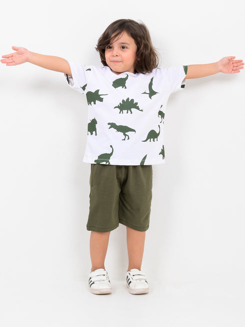 Oversized Jurassic Vibes Cotton Short Set (White & Olive)