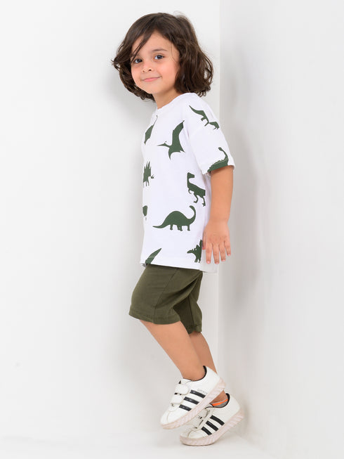 Oversized Jurassic Vibes Cotton Short Set (White & Olive)