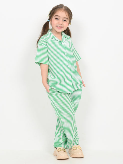 Imported Textured Wash & Wear Emerald Check 2 Piece Set (Emerald Green)
