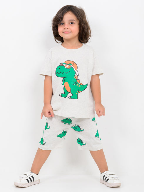 Oversized Stylish T-Rex Cotton Short Set (Light Grey)