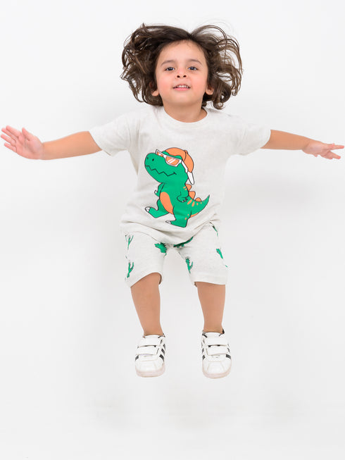 Oversized Stylish T-Rex Cotton Short Set (Light Grey)