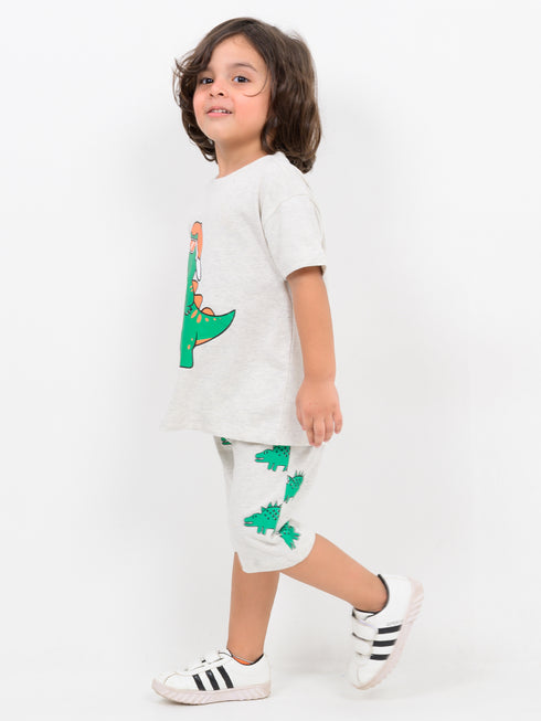 Oversized Stylish T-Rex Cotton Short Set (Light Grey)