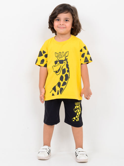 Oversized Giraffe Giggles Cotton Short Set (Yellow & Black)