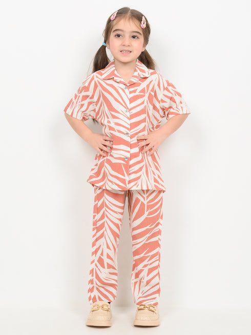 Imported Textured Wash & Wear Sunset Palm 2 Piece Set (Coral & Off-White)