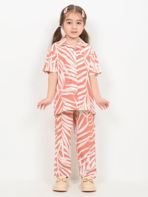 Imported Textured Wash & Wear Sunset Palm 2 Piece Set (Coral & Off-White)
