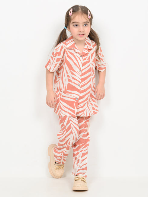 Imported Textured Wash & Wear Sunset Palm 2 Piece Set (Coral & Off-White)