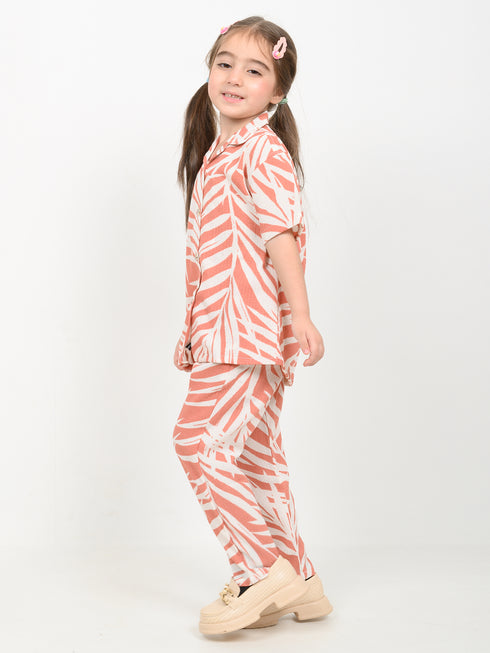 Imported Textured Wash & Wear Sunset Palm 2 Piece Set (Coral & Off-White)