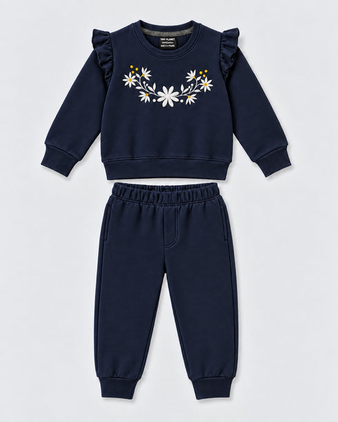 Frill Sleeves Starlit Petals Embroidered Fleece Suit (Deep Navy)