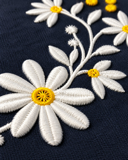 Frill Sleeves Starlit Petals Embroidered Fleece Suit (Deep Navy)