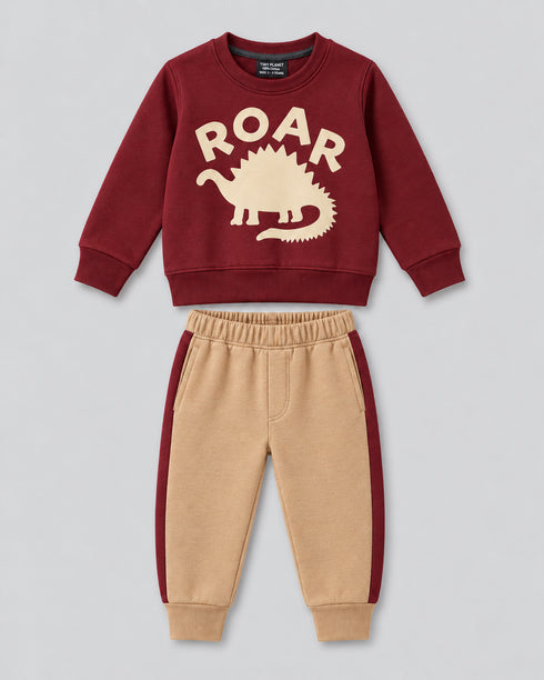 The Little Roar Fleece Suit (Burgundy & Camel)