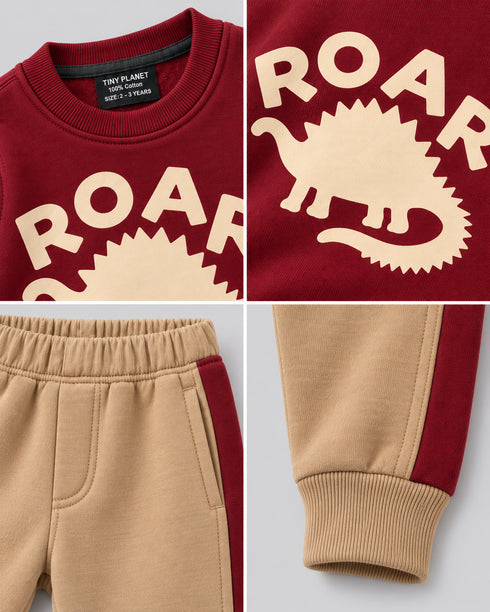 The Little Roar Fleece Suit (Burgundy & Camel)