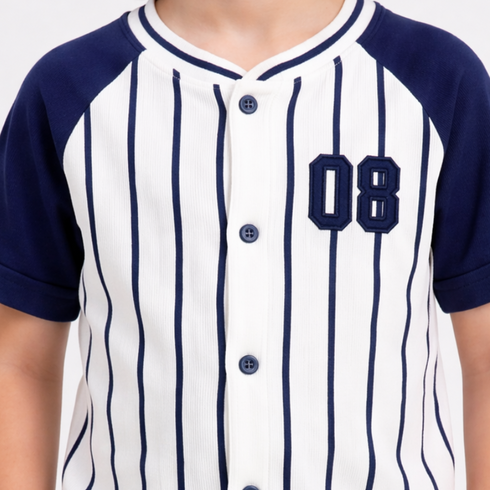 Striped Embroidered Baseball Set (White-Navy)