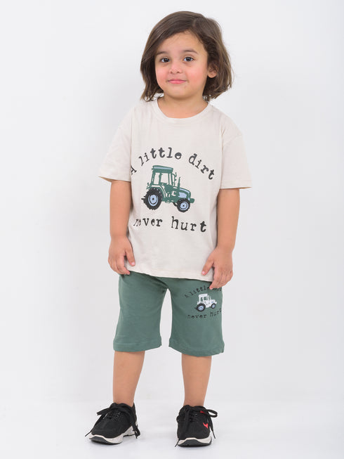 Oversized Little Dirt Tractor Cotton Short Set (Off-White & Green)