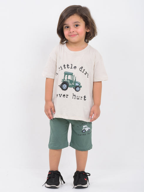 Oversized Little Dirt Tractor Cotton Short Set (Off-White & Green)