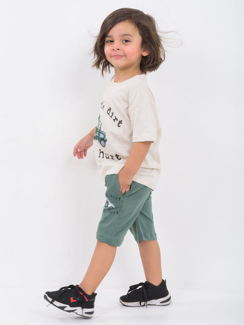 Oversized Little Dirt Tractor Cotton Short Set (Off-White & Green)