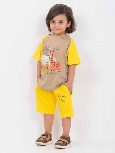Oversized Safari Friends Raglan Cotton Short Set (Beige & Yellow)