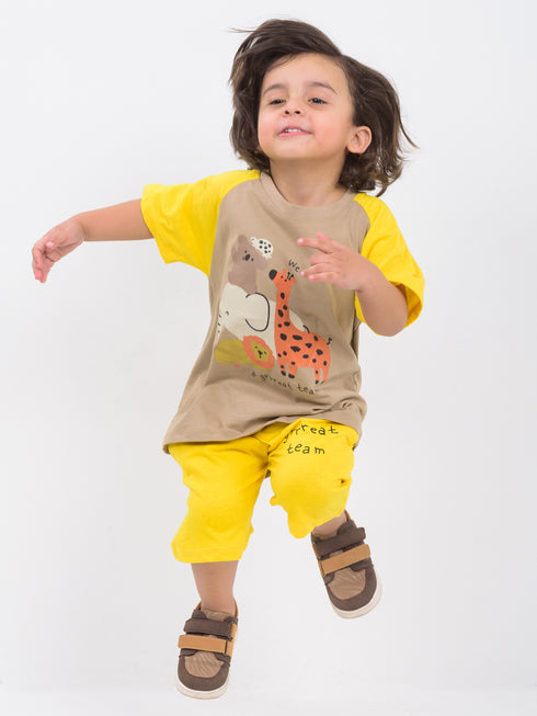 Oversized Safari Friends Raglan Cotton Short Set (Beige & Yellow)