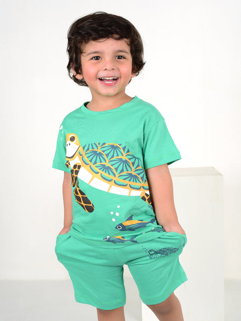 Turtle Printed Cotton Short Set (Sea Green)