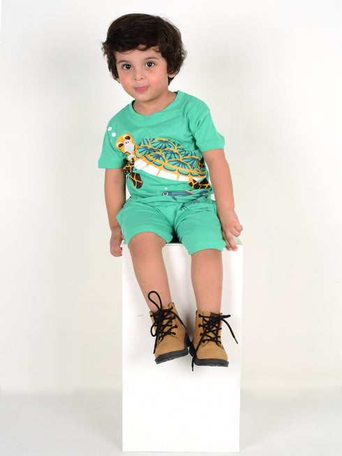 Turtle Printed Cotton Short Set (Sea Green)