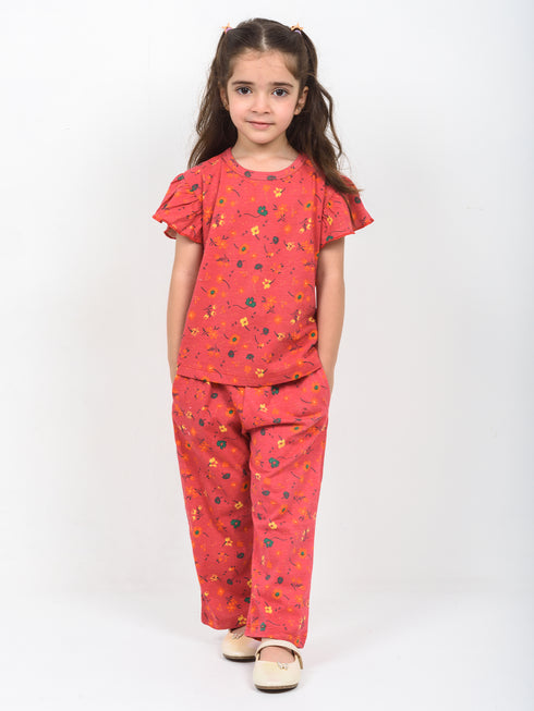 Frill Sleeves Cherry Blossom Cotton Trouser Set (Hot Pink)