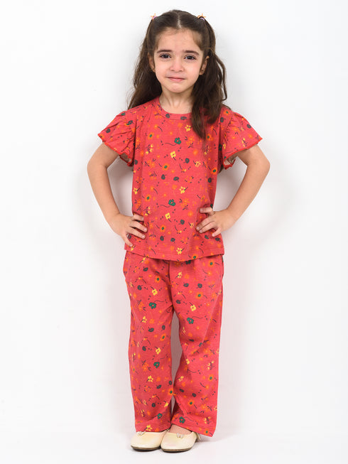 Frill Sleeves Cherry Blossom Cotton Trouser Set (Hot Pink)