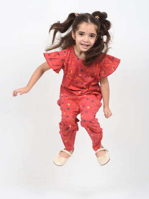 Frill Sleeves Cherry Blossom Cotton Trouser Set (Hot Pink)