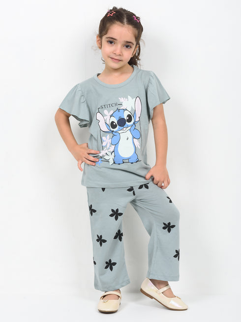 Frill Sleeves Stitch's Garden Cotton Trouser Set (Sage Green)