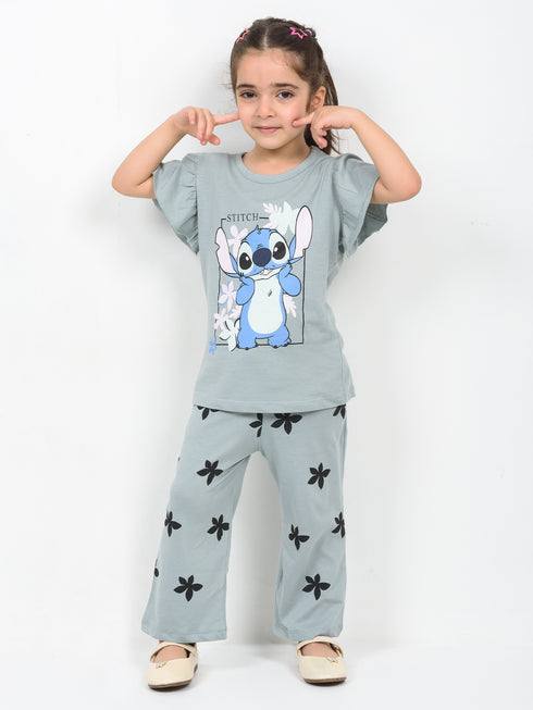 Frill Sleeves Stitch's Garden Cotton Trouser Set (Sage Green)