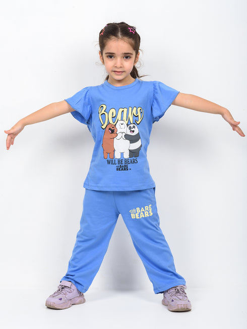 Frill Sleeves We Bare Bears Cotton Trouser Set (Blue)