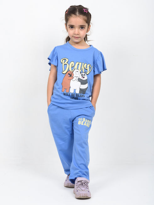 Frill Sleeves We Bare Bears Cotton Trouser Set (Blue)