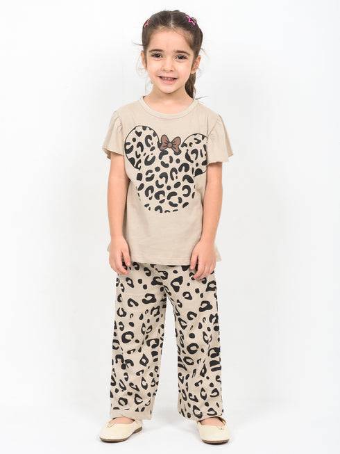 Frill Sleeves Spotted Minnie Cotton Trouser Set (Beige)
