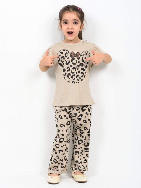 Frill Sleeves Spotted Minnie Cotton Trouser Set (Beige)