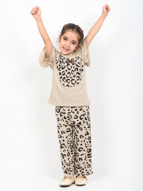 Frill Sleeves Spotted Minnie Cotton Trouser Set (Beige)